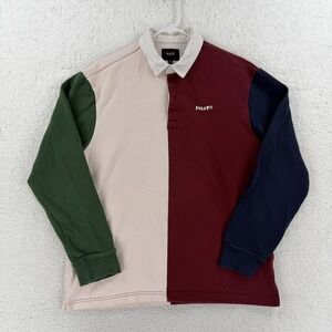 HUF Polo Shirt Mens Medium Multicolor Colorblock Rugby Long Sleeve Cotton Retro